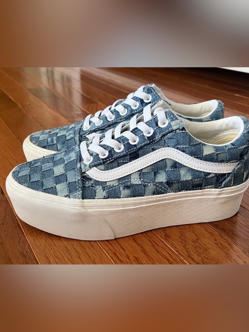 VANS OLD SKOOL STACKFORM WOVEN Denim Sneakers Size 7 Blue Like New! - Picture 2 of 5
